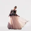 2022 Wieczór Koktajl Damska Wykwintna Formalna Sukienka Czarny Tulle Kwiat Haft Design Proszek Spódnica Pół Rękawy Prom Dresses