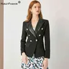 HarleyFashion 2022 Spring Autumn Quality European Design PU Leather Collar Slim Black Blazer OL Formal Classic Fittness Blazers 211221