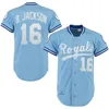 Vintage 16 Bo Jackson 5 George Brett Baseball Jerseys 1986 1987 أزرق أبيض شبكة كنزة صوفية زر المنزل بعيدًا جميع مخيط وتطريز