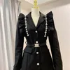 Nova primavera outono moda feminina babados strass patchwork cintura alta com cinto cor preta blazer terno vestido SML