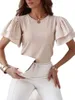 Casual Solid Ruffle Korte Mouw Tshirt Tops voor Vrouwen Zomer Mode Losse Splicing White Kaki O-hals Vrouwelijke T-shirts 210526