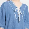 Peut-être U Navy Light Blue Solid Cross Strap Bow Collier Lâche 3/4 Manches Denim Midi Robe Été D0919 210529