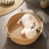 Pet Bed for Cats Supplies Hand Woven Rattan Soft Round Basket Nest Breathable Mat Sleeping Cool 211111