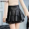 Femmes volants taille haute jupe automne femme Sexy fête noir PU cuir jupes courtes dentelle Patchwork Mini Tutu jupes grande taille 210412