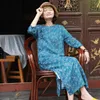 Johnature Весна Летняя мода Флористический принт O-образным вырезом Плита Пряжка Cheongsam Платья Досуг Хлопок Льняное Удобное Платье Женщин 210521