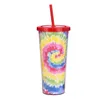 24 OZ TIE-DYE TULPER met deksel en herbruikbare stro kleurrijke dubbele muur geïsoleerde reismok Cup SN5638