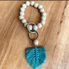 Party Trä Bead Armband Keychain Pure Wood Color Chain Cotton Tassel Keyring med Alloy Ring Wood Beaded Decoration Bbf14148