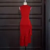 Kvinnor Bodycon Klänningar Ärmlös Sida Ruffles Slim O Neck Red Sexy Party Fashion Sheath Plus Storlek XXL Kvinna Vestidos Robes 210416