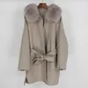 OFTbuy prawdziwy futro płaszcz zimowych kobiet luźny naturalny kołnierz kaszmirowy wełna łączy odzież dziewiarna streetwear oversize 210928