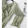 Women Elegant Long Dress Spring V-neck Green Print Office Lady Chiffon Dress Casual Long Sleeve Ruffle Dresses Vestidos 210521