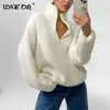 Lila Tjockad Strikkad Kvinnors Sweater Zipper Polo Krage Lossa Casual Kvinnor Tröja Pullovers Höst Vinter Fashion Top 210922