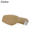 Eiluken 2021 New PVC Jelly Pantofle Otwarte Otwarte Otwarte Percex Sikike House Heels Crystal Kobiety Przezroczyste Sandały Heel Sandals Papps C0410