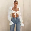 Vrouwen blouse vrouwelijk shirred wit bladerdeeg mouw stropdas voorste top shirts elegante sexy backless crop tops mode blusas kleding vrouwen blouses