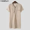Men's Sleepwear Incerun Mens Algodão Lazer listrado Casa caseira de verão curto V camisola de pescoço de pescoço Breatível Camisas Night Sirts S-5xl