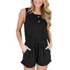 Casual O Neck Sem Mangas Sólida Cor Shirring Botão Decoração Jumpsuit Solto Lace Up Wide perna Calças Curtas macacões 210603