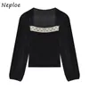 Сексуальный квадратный воротник ключицы открытые велюровые блузки женские пуловер с длинным рукавом Slim Fit Black Blusas Spring 210422
