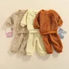 Kläder uppsättningar 2pcs lilla tjejer pojkar outfit, småbarn höst vinter solid färg fluffig långärmad runda krage toppar + byxor set