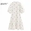 Zevity Femmes Vintage O Cou Fleur Broderie Chemise Robe Chic Lady Hem Plis Volants Robes Robes Midi Droites DS4171 210623