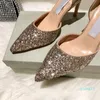 2021 Yüksek Kalite Tasarımcı Parti Düğün Ayakkabı Gelin Kadınlar Bayanlar Sandalet Moda Seksi Elbise Sivri Burun Topuklu Deri Glitter Boyutu 35-4022