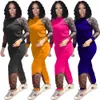 Casual Workout Sport TrackSuit Kläder för Kvinnor Lace Spliced ​​Långärmad Top Stacked Joggers Sweatpants Two Piece Matching Sets 210525