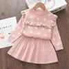 Bear Leader Kids Knitwear Passar Flickor Baby Plaid Sweaters Coats Ruffle Christmas Sweet Dots Dress Outfits Princess Clothes Sets Y220310