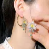 Colorful Cubic Zircon Gold Color Big Tassel Flower Charm Round Hoop Earrings for Women Luxury Designer Jewelry CZ718 210714