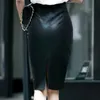 AASHOAE BLACK PU кожаная юбка женщины MIDI сексуальная высокая талия Bodycon Split юбка офис карандаш юбка на коленях длина плюс размер 210721