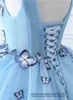 Quinceanera Dresses 2021 Light Blue Princess Butterfly Appliques V-Neck Party Prom Formal Tulle Lace Up Ball Gown Vestidos De 15 Anos Q19