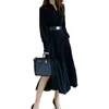 Spring Korean Style Women Plus Size Black Split Shirt Dress Long Sleeve Thick Warm Elegant Belted Slim Party 210529