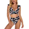 Zafuaz Push Up Bikini High Waist Swimsuit Kwiatowy Druku Kąpiel Swimwear Kobiety Wzburzyć Kąpiel Koszulka V-Neck Beachwear Lace Up Biquini 210604