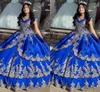 2021 Verbazingwekkende Royal Blue Geborduurde Quinceanera Avondjurken Kralen Applicaties V-hals Korte Mouwen Satijn Baljurk Zoete 16 Jurk Meisjes Womens Plus Size