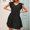 Sommer frauen Lose V-ausschnitt Pilz Ärmel Kleid Frauen Mode Einfarbig Schwarz Kurzarm A-Line Mini Femme 210517