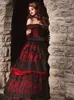 Gothique Belle Rouge Noir Fantaisie Une Ligne Robes De Mariée Dentelle Applique Exposée Désossage Corset Perles Mascarade Victorienne Hors Épaule Robe De Mariée Robes AL9054