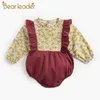 Beer leider meisjes patchwork rompertjes mode peuter baby ruches jumpsuits geboren bloemen outfits lente herfst kleding 210708