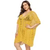 Plus Size Knitted Crochet Beach Dresses and Tunics Yellow Hollow Out Swim Suit Cover Up V-neck Irregular Beachwear Red 14 Colors 210629