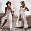 Sexy Hollow Out White Lace Rompers Playsuit Women Summer Sleeveless Strap Overalls Beach Holiday Romper Jumpsuit 210427