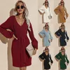 Womens Autumn Sexy Dress Party V-neck Knitting Bodycon with Belt Bathrobe Style Dresses with Baby Blue Color Wholesale