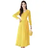 Chiffon Dress Mulheres Amarelo Outono Plus Size Temperamento Magro V Neck Cinto Flare Manga Maxi Vestidos Feminina LR911 210531