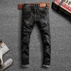 Włoski styl Moda Mężczyźni Dżinsy Wysokiej Jakości Retro Czarny Szary Elastyczne Slim Fit Ripped Denim Spodnie Vintage Designer Spodnie