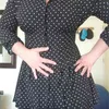 Kadınlar Siyah Polka Dot Pileli Elbise Uzun Kollu Turn-down Yaka Elbise Zarif Moda Elbise Kadın Sonbahar 210415