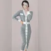 Casual Sukienki Banulin 2021 Jesień Zima V-Meck Sweter Sukienka Korea Chic Single-Breasted Houndstooth Slim Knit Długie Vestidos