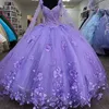 반짝이 보라색 Quinceanera 드레스 스파게티 스트랩 랩 스위트 15 가운 3D 꽃 구슬 Vestidos 16 파티 파티 착용