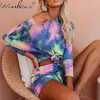 Casual Pyjama Set Ladies Cotton Long Sleeve Sleepwear Womens Pajama Nightwear Simply Tie-dyed Top & Shorts Pijama Mujer P05909B 210421