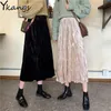 Ladies Vintage Autumn Winter Women Velvet Midi Skirt High Waist Elegant Skinny Black Long Pleated Skirts Female Korean Clothing 210421