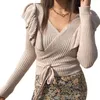 Женские свитеры Элегантная леди вязаный свитер для женщин мода оборманы сексуальные кружевные вверх V-образным вырезом с длинным рукавом топы тонкий подходящий вариант повседневная knitwea