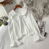 Ezgaga Dames Shirts Mode Peter Pan Collar Flare Sleeve Button Losse Witte Tops Koreaanse All-match White Ladies Blouse Casual 210430