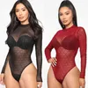 Hot Women Bodysuit Sexy Long Sleeve See Through PlaidOne Piece Rompers Club Top Y0927