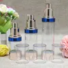 Flacone riutilizzabile in plastica da 15 ml 30 ml 50 ml con bordo blu Bottiglie airless per lozione cosmetica 10 pezzi / lotto In stockbuona quantità