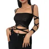 Women039s Tanks Camis Gothic Black Mesh Lace Up Bandagem Crop Top Fairy Hollo