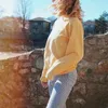 miel brodé Femmes Sweat à manches longues jaune Pull vintage coton lâche Hoodies Hiver streetwear Femme 210521